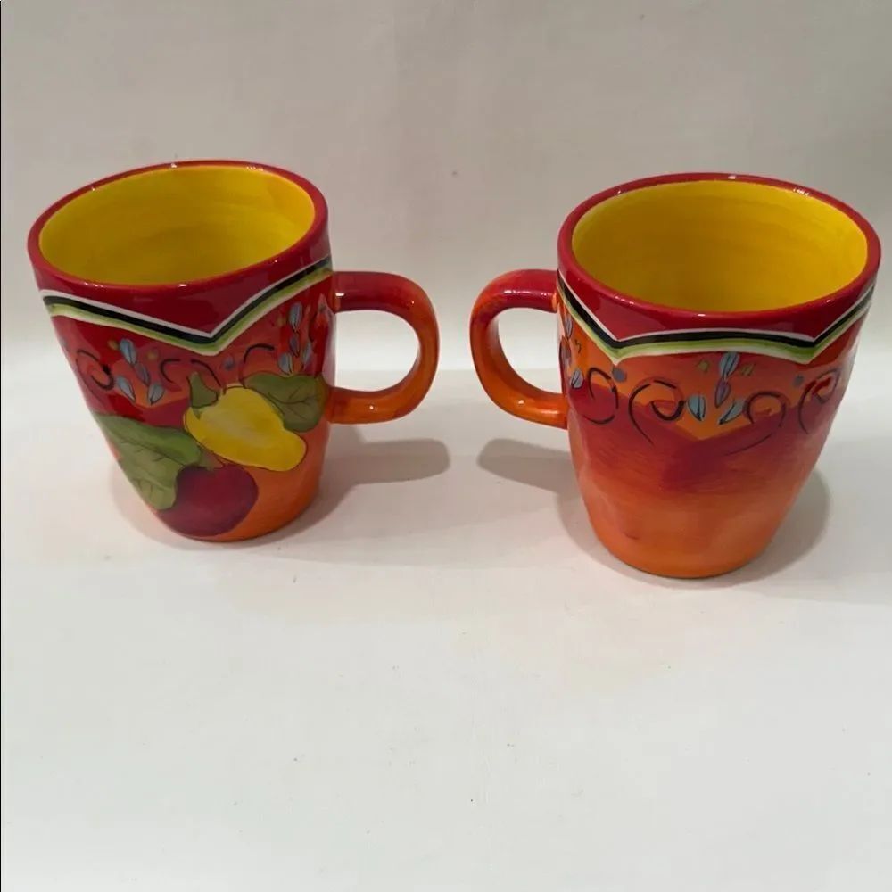 Pier 1 Vibrant Pasilla Red Yellow 2 Mug Set Vintage Pepper Design 3 In Round
